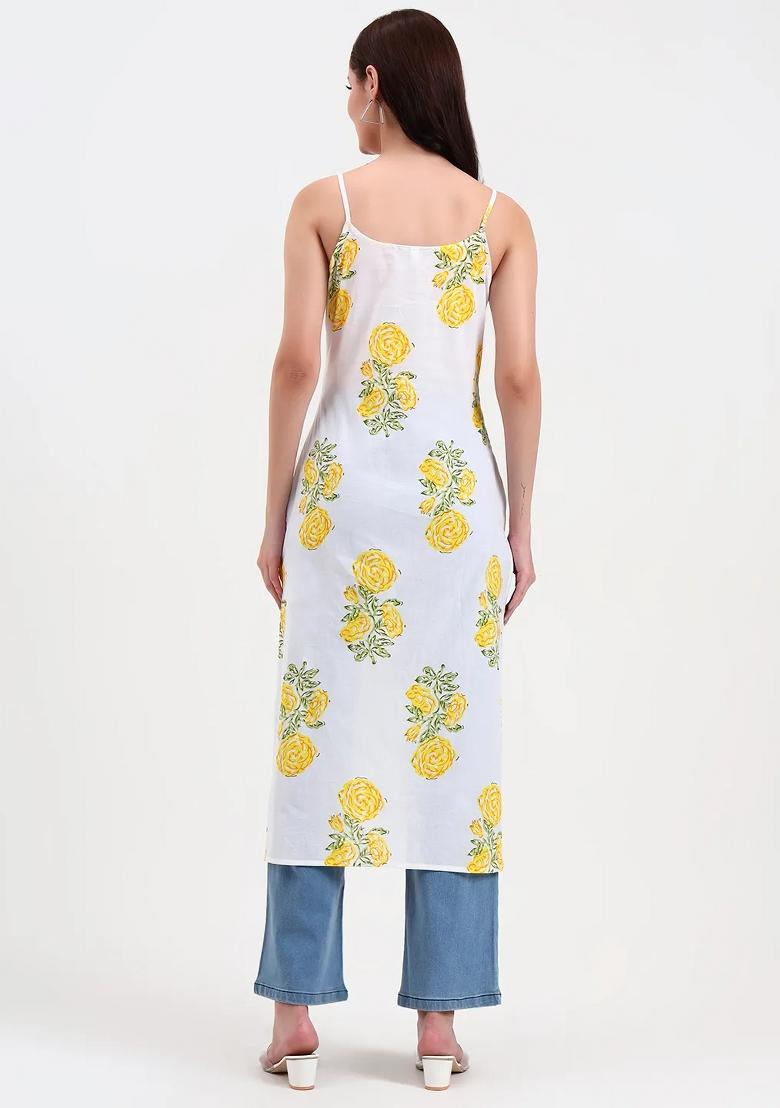 White Printed Cotton Kurtas - Indya