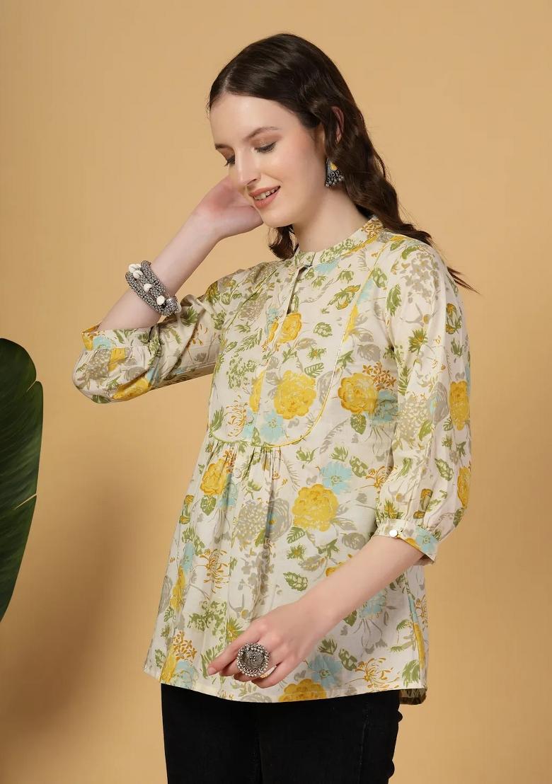 Cream Motif Cotton Kurti - Indya