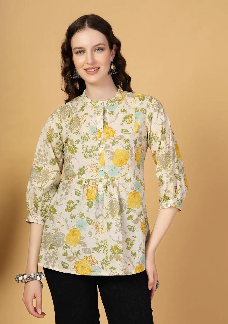 Cream Motif Cotton Kurti - Indya
