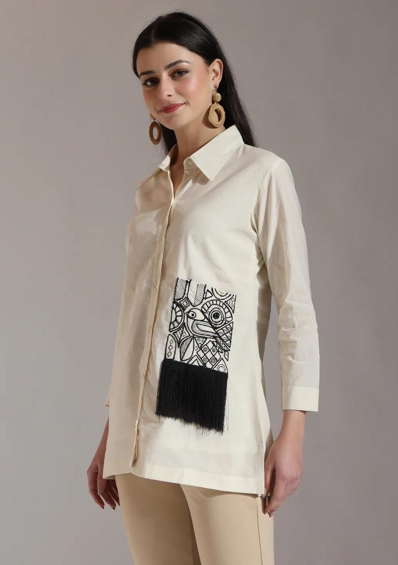 White Embroidered Cotton Kurti - Indya
