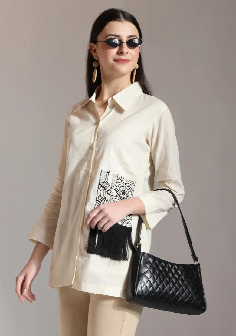 White Embroidered Cotton Kurti - Indya