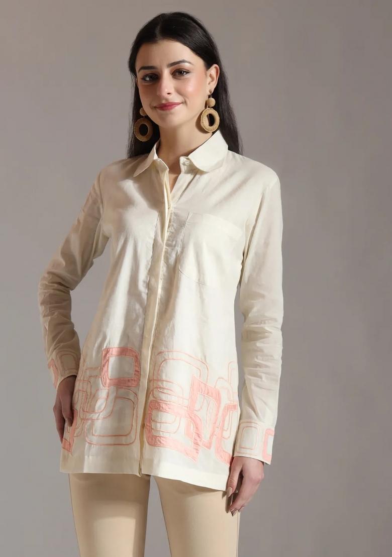 White Embroidered Cotton Kurti - Indya