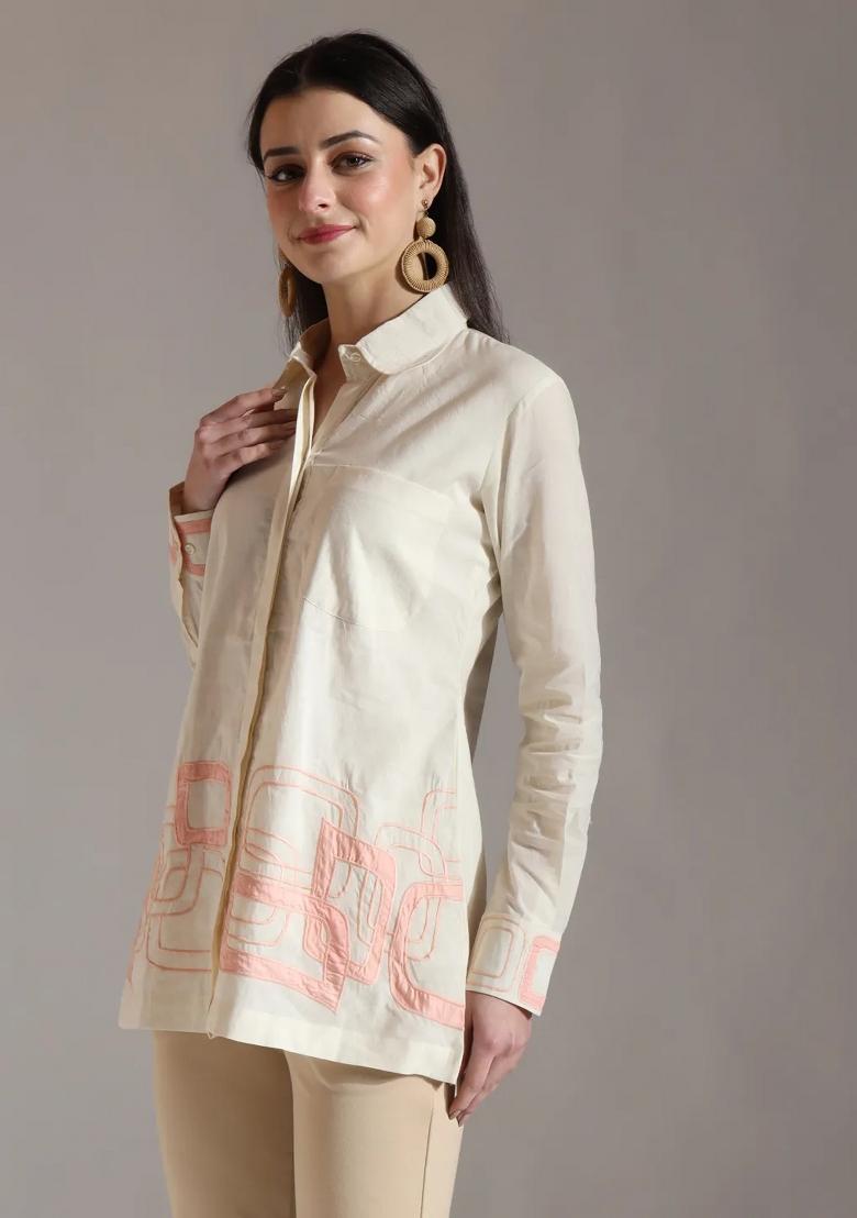 White Embroidered Cotton Kurti - Indya