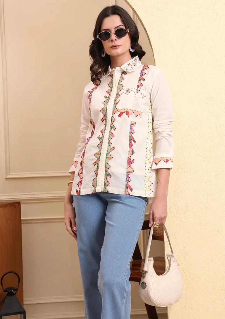 White Motif Cotton Kurti - Indya