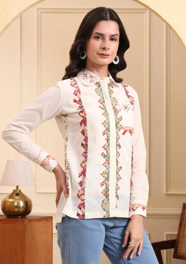 White Motif Cotton Kurti - Indya