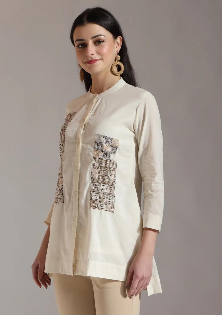 White Embroidered Cotton Kurti - Indya