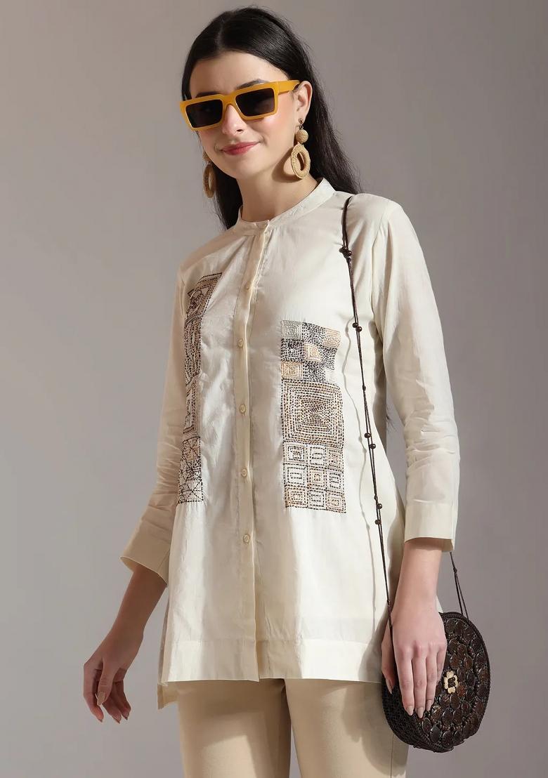 White Embroidered Cotton Kurti - Indya