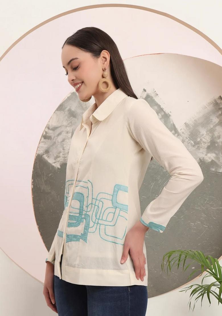 White Motif Cotton Kurti - Indya