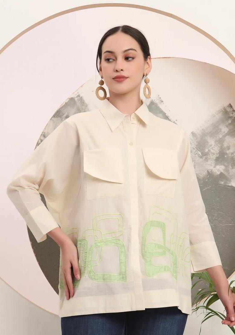 White Motif Cotton Kurti - Indya