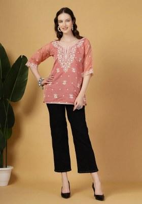 Rust Motif Organza Kurti