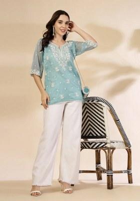 Teal Blue Motif Organza Kurti