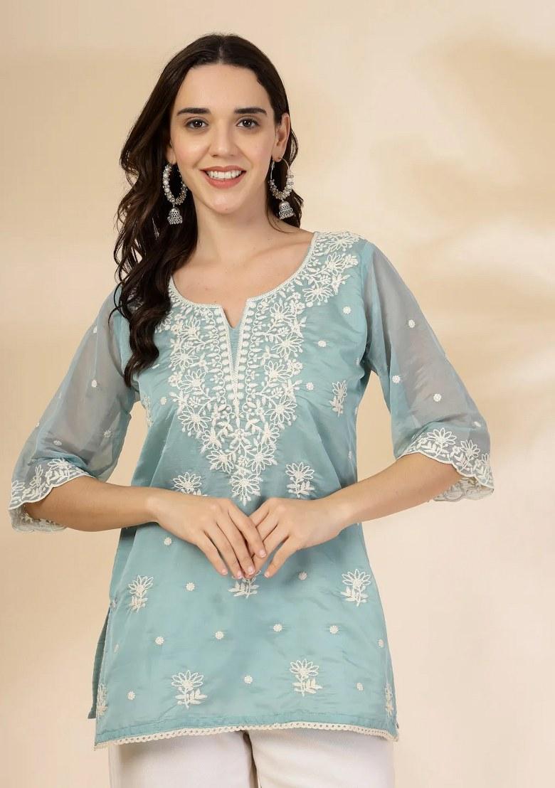 Teal Blue Motif Organza Kurti - Indya