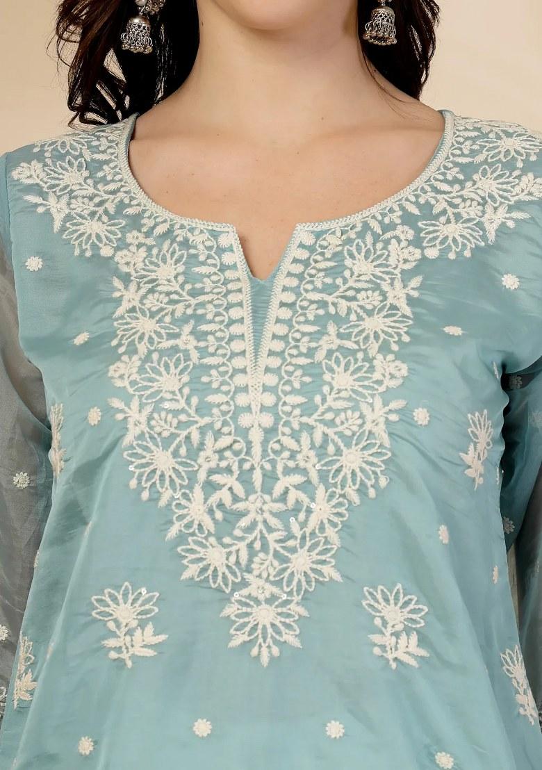 Teal Blue Motif Organza Kurti - Indya