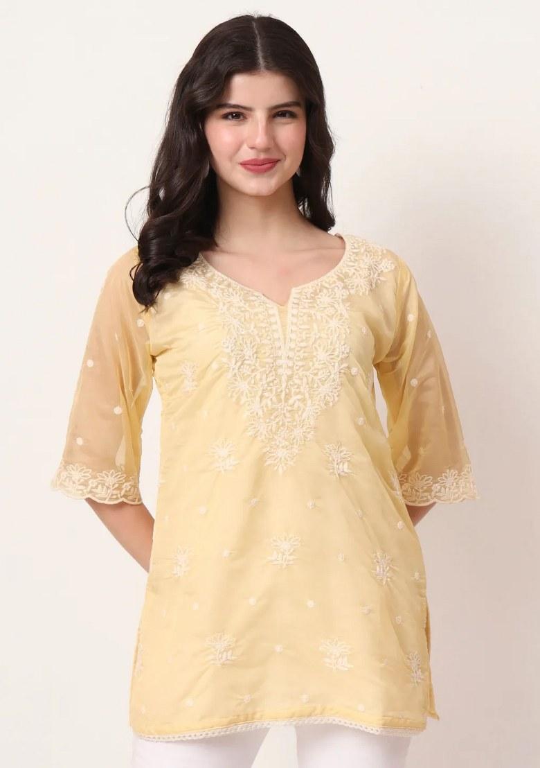 Yellow Motif Organza Kurti - Indya