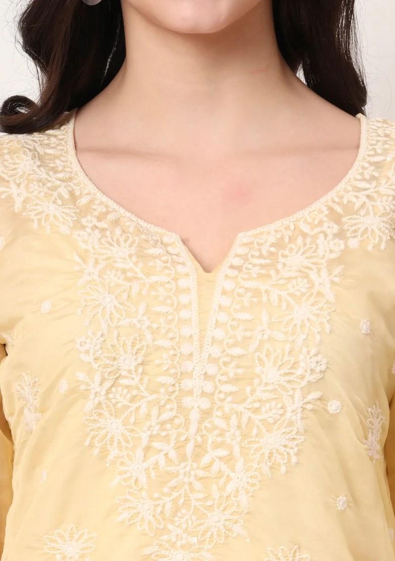 Yellow Motif Organza Kurti - Indya