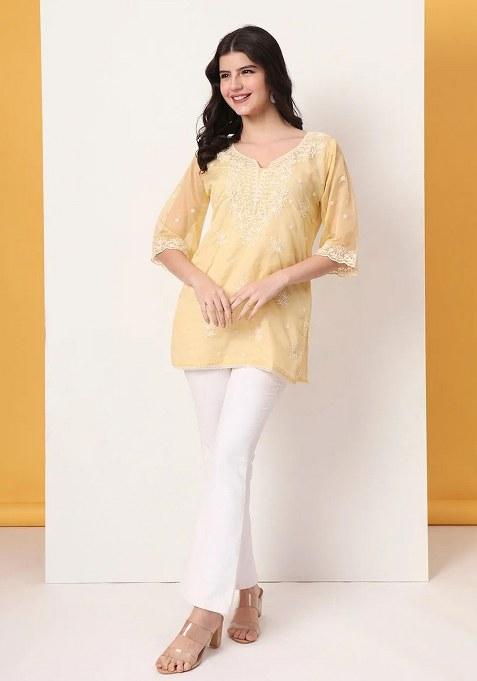 Yellow Motif Organza Kurti