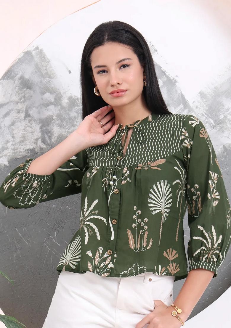Green Motif Cotton Kurti - Indya