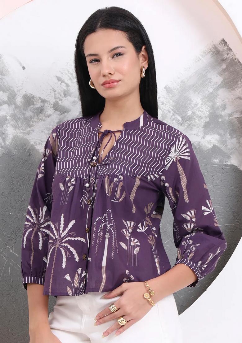 Purple Motif Cotton Kurti - Indya