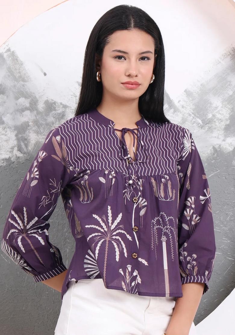 Purple Motif Cotton Kurti - Indya
