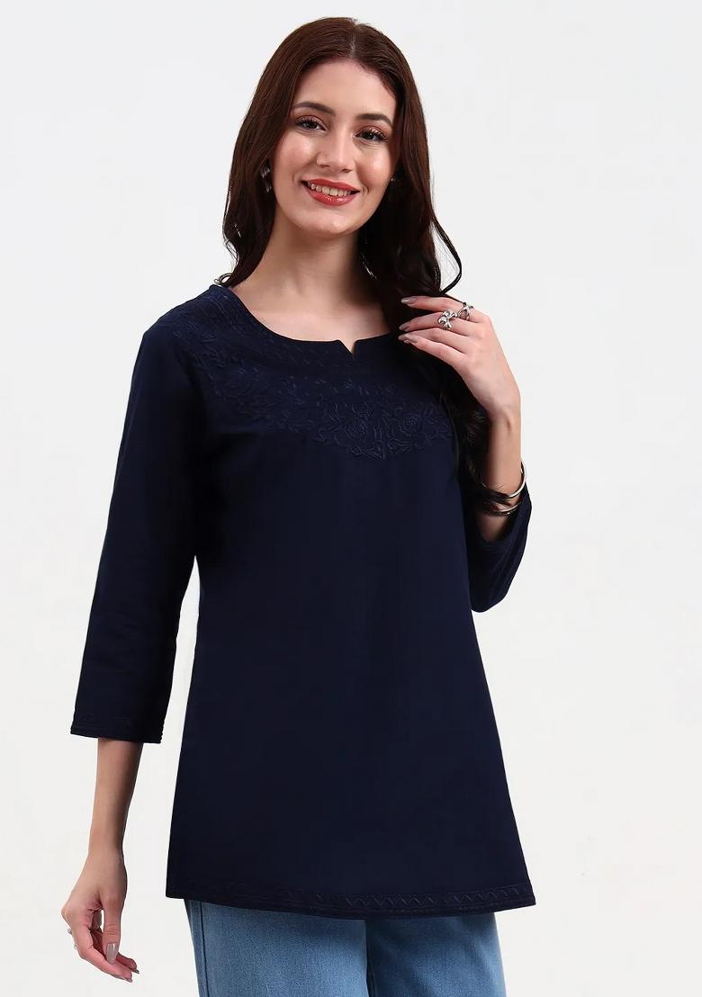 Navy Blue Motif Cotton Kurti - Indya