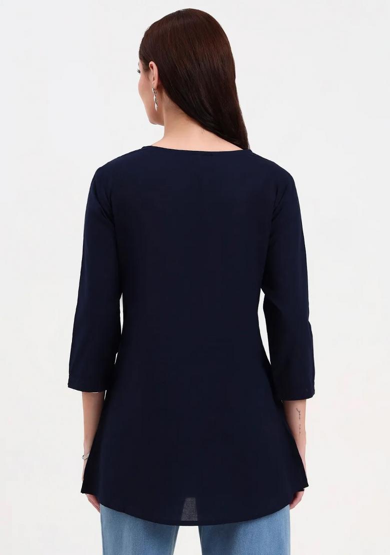 Navy Blue Motif Cotton Kurti - Indya