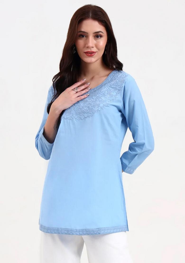 Sky Blue Motif Cotton Kurti - Indya