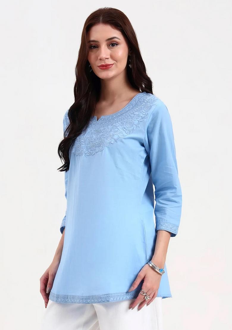 Sky Blue Motif Cotton Kurti - Indya