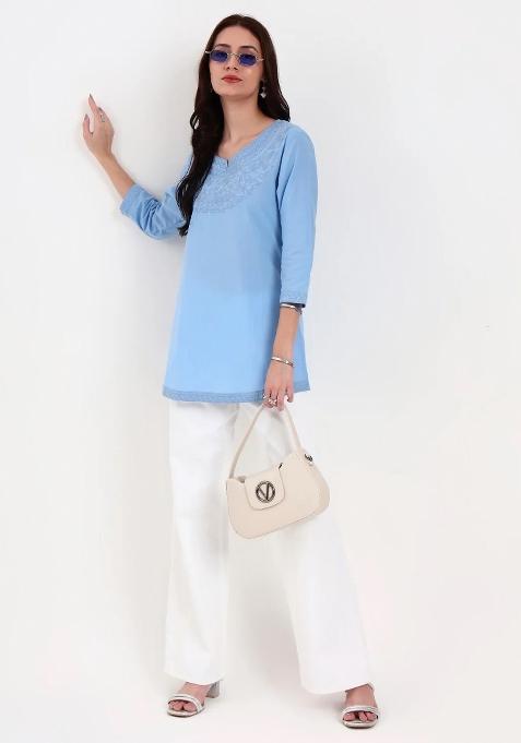 Sky Blue Motif Cotton Kurti