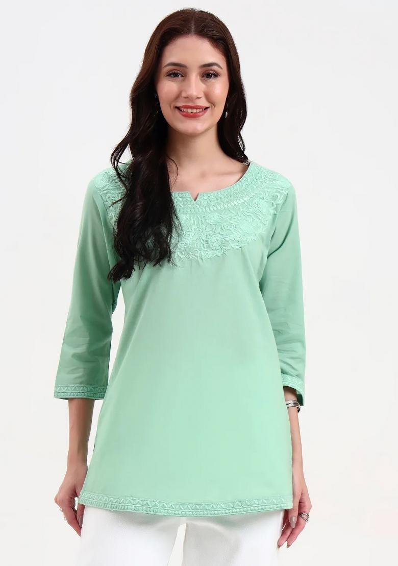 Sea Green Motif Cotton Kurti - Indya