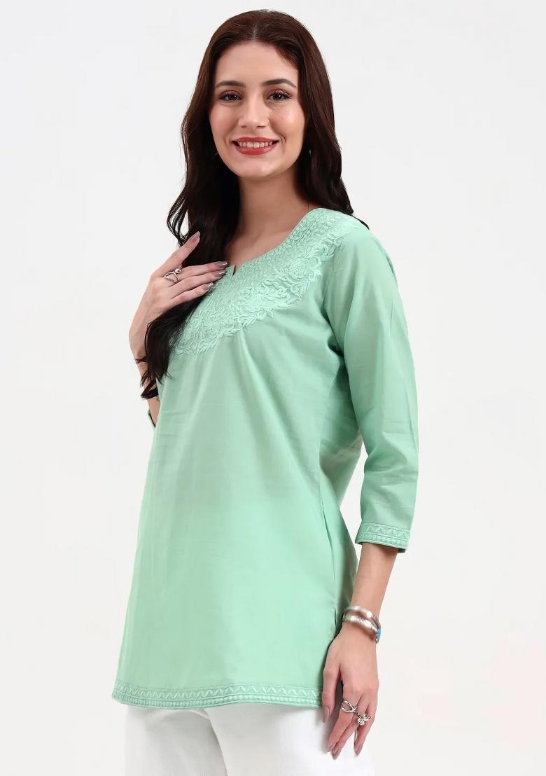 Sea Green Motif Cotton Kurti - Indya