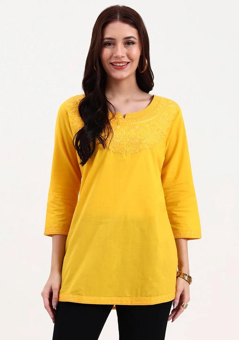 Yellow Motif Cotton Kurti - Indya