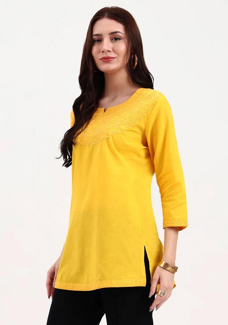 Yellow Motif Cotton Kurti - Indya