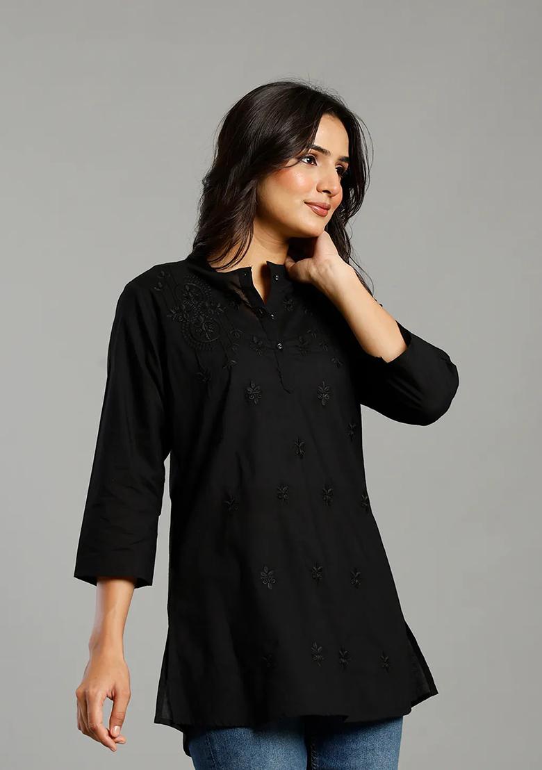Black Embroidered Cotton Kurti - Indya