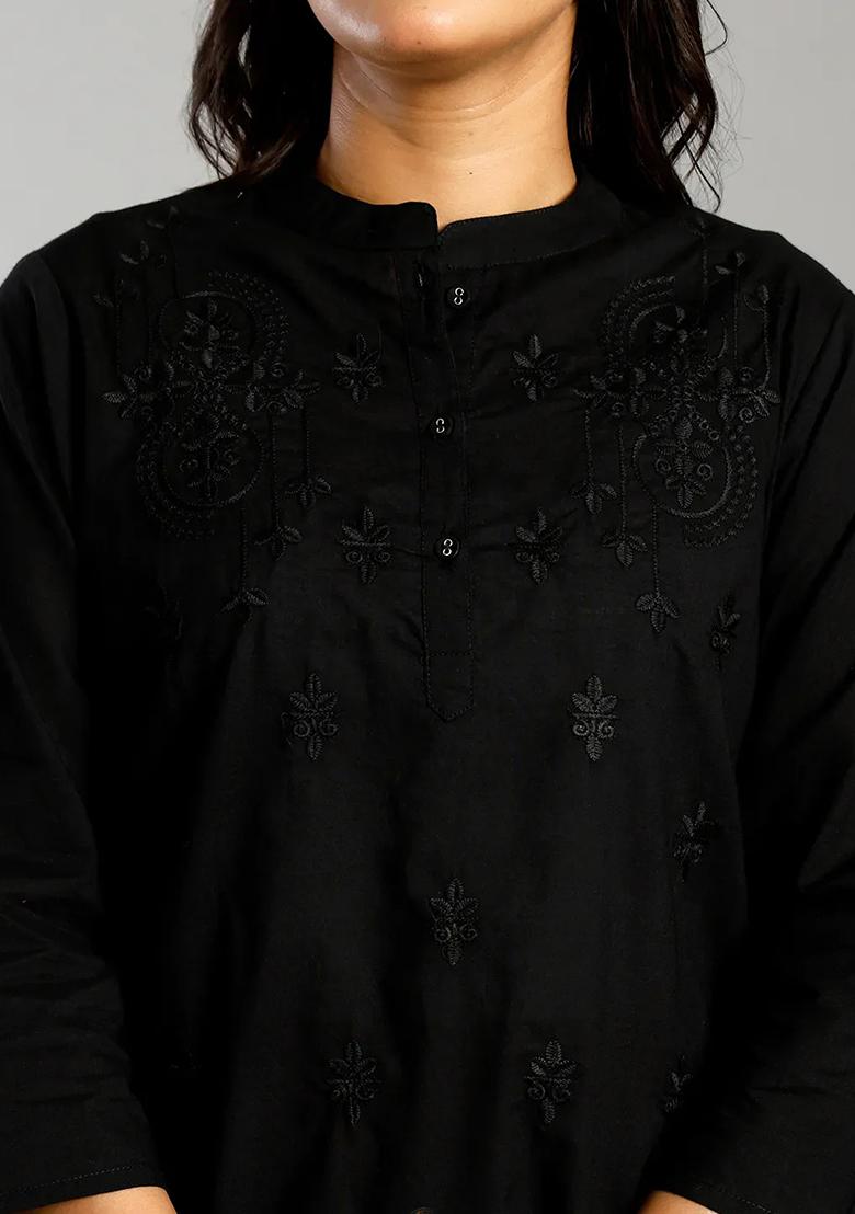 Black Embroidered Cotton Kurti - Indya