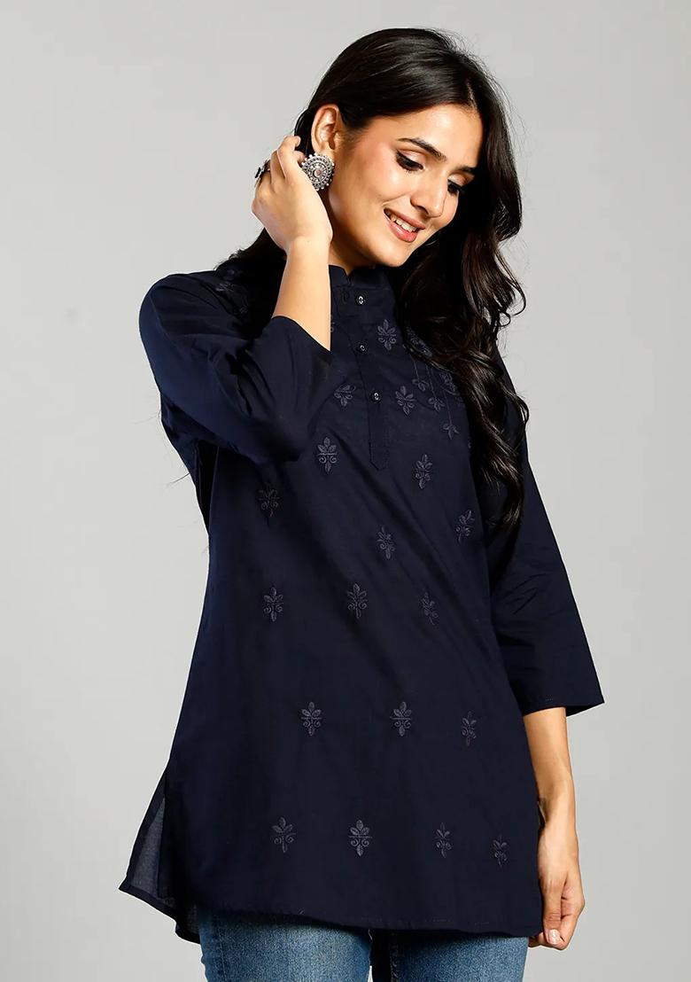 Navy Blue Embroidered Cotton Kurti - Indya