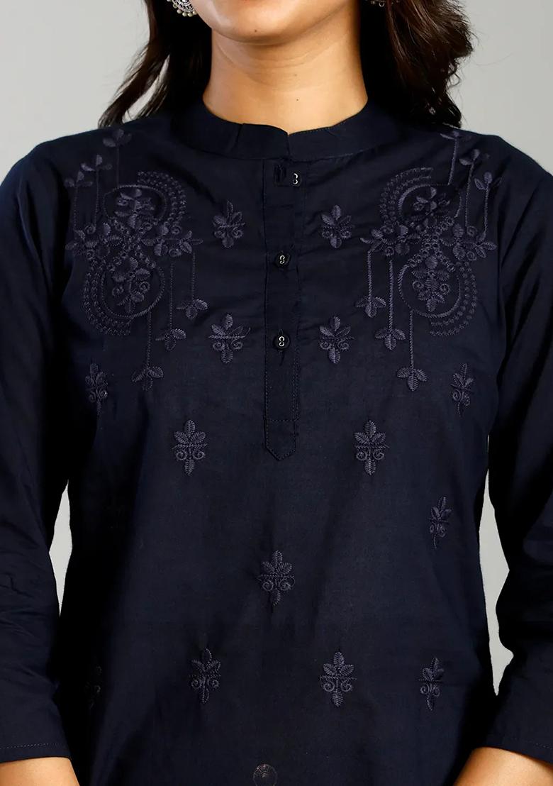 Navy Blue Embroidered Cotton Kurti - Indya