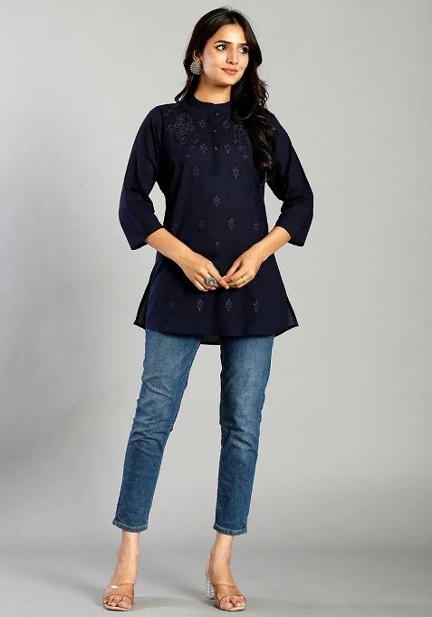 Navy Blue Embroidered Cotton Kurti