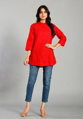 Red Embroidered Cotton Kurti