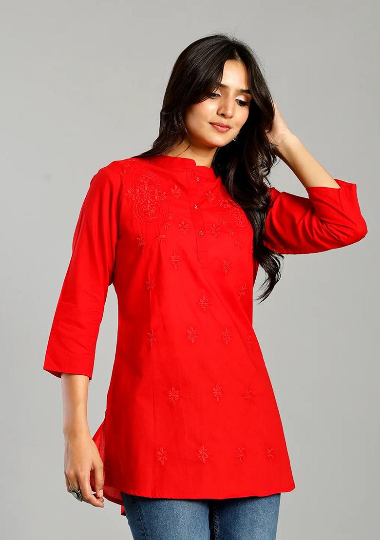 Red Embroidered Cotton Kurti - Indya
