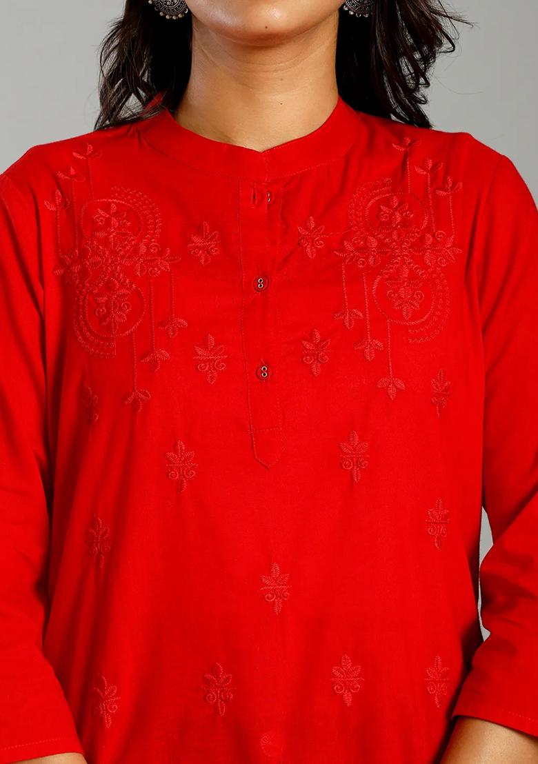 Red Embroidered Cotton Kurti - Indya