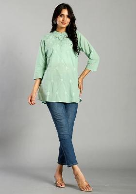 Sea Green Embroidered Cotton Kurti