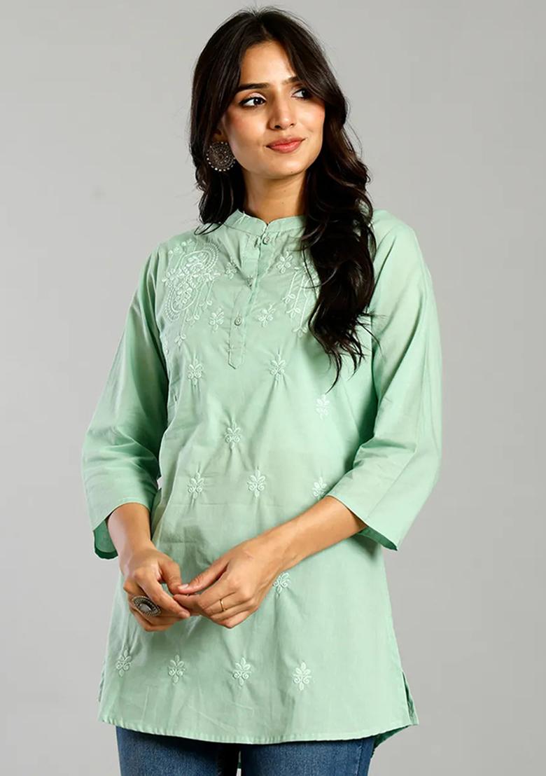 Sea Green Embroidered Cotton Kurti - Indya