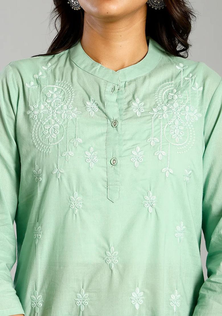 Sea Green Embroidered Cotton Kurti - Indya