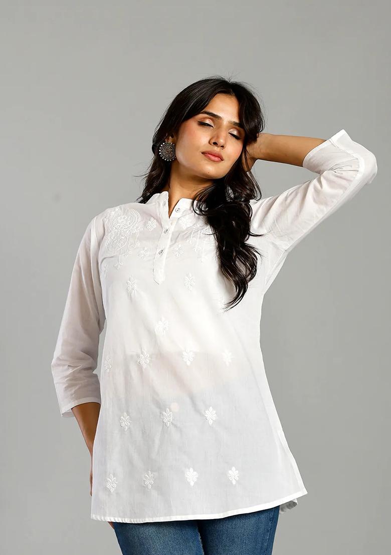 White Embroidered Cotton Kurti - Indya