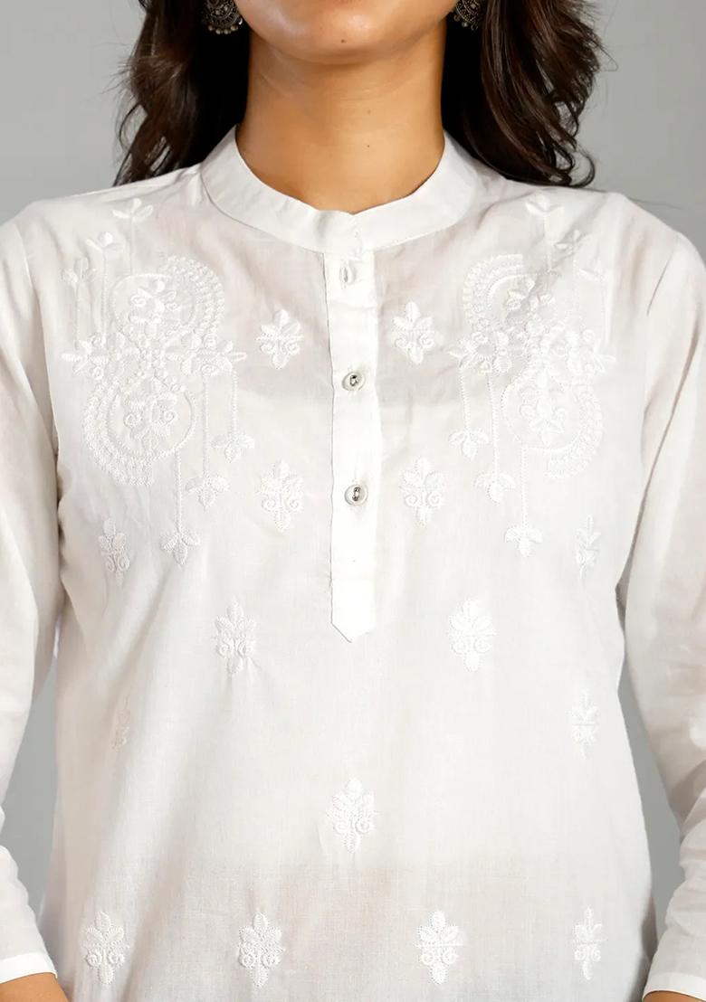 White Embroidered Cotton Kurti - Indya