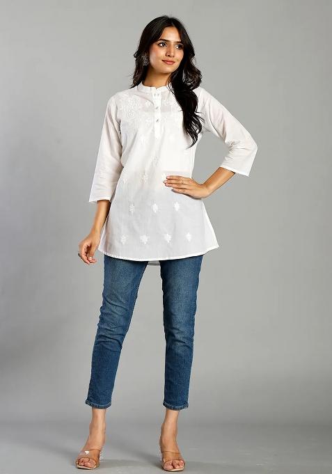 White Embroidered Cotton Kurti