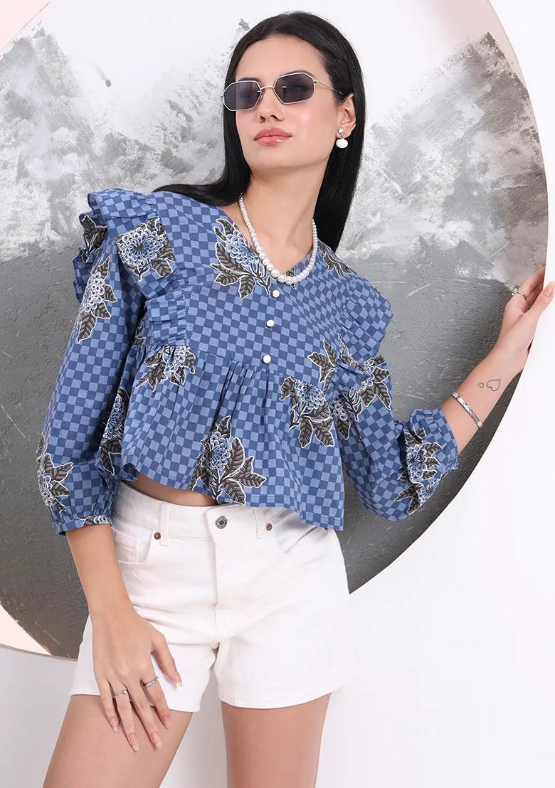 Blue Motif Cotton Kurti - Indya