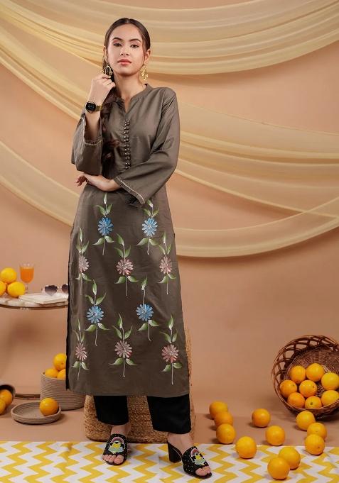 Military Green Printed Cotton Kurtas