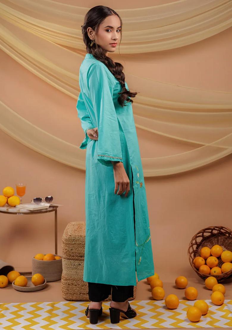 Sea Green Printed Cotton Kurtas - Indya