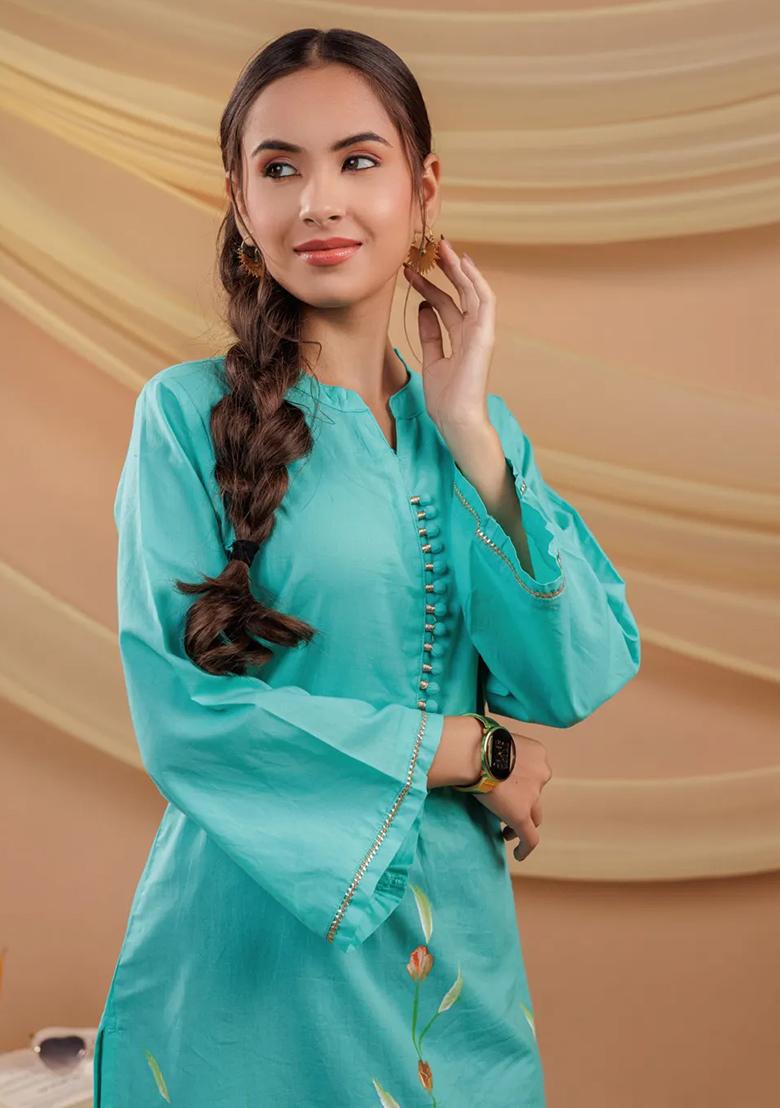 Sea Green Printed Cotton Kurtas - Indya
